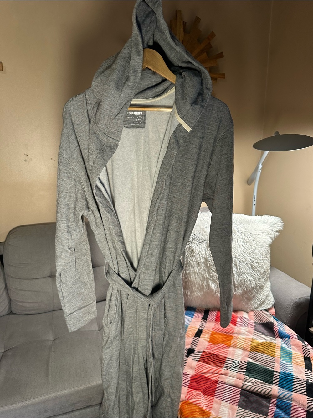 Express Light Gray Hooded Knit Fleece Robe with Belt